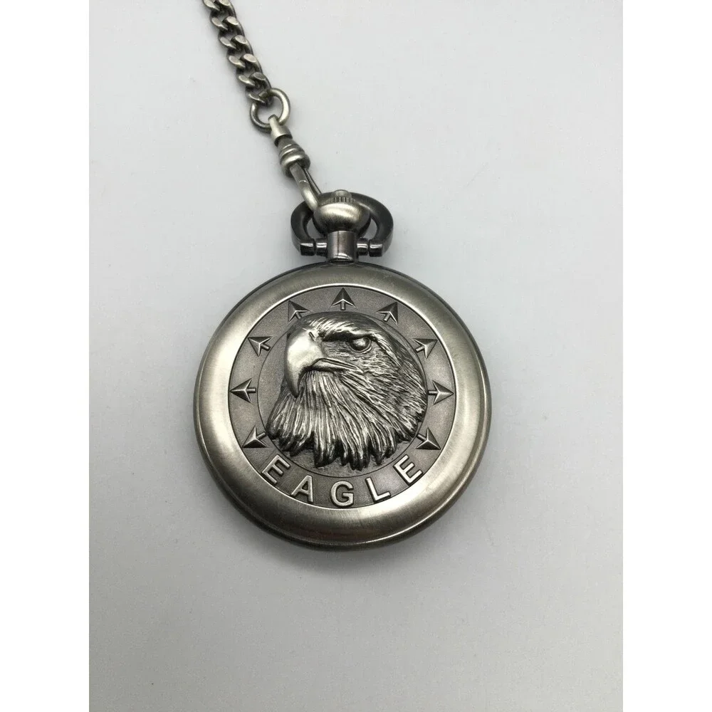 Majesti Bald Eagle Pocket Watch Men 51mm Silver Tone Full Hunter New Battery